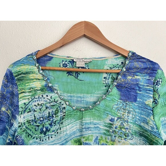 VTG Blue Green Floral Bell Sleeve Blouse Beaded Fairy Whimsical Earthy Moss Art - Picture 3 of 7